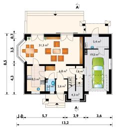Projekt domu Fermata Solo (1122) - rzut parteru, dom liczy 4 pokoje, 2 łazienki i wc