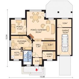 Projekt domu APS 082 - rzut parteru, dom liczy 4 pokoje, 2 łazienki i wc