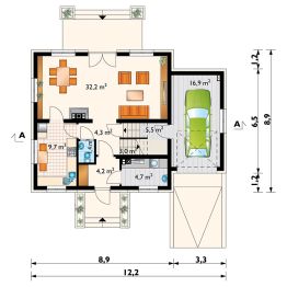 Projekt domu Aster Neo (1177) - rzut parteru, dom liczy 3 pokoje, 2 łazienki i wc