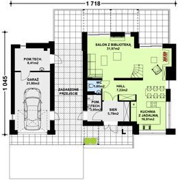 Projekt domu TK59 - rzut parteru, dom liczy 3 pokoje, 3 łazienki i wc