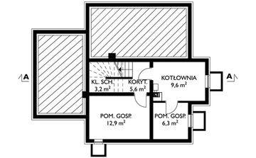 Projekt domu Koliba Grota (1222) - rzut piwnicy, dom liczy 4 pokoje, 2 łazienki i wc