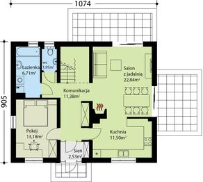 Projekt domu TK15 - rzut parteru, dom liczy 4 pokoje, 3 łazienki i wc