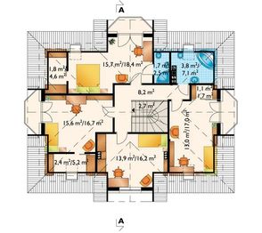 Projekt domu Opus (1233) - rzut poddasza, dom liczy 4 pokoje, 3 łazienki i wc