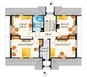 Projekt domu Skarbek (1231) - rzut poddasza, dom liczy 4 pokoje, 2 łazienki i wc
