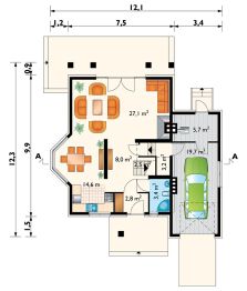 Projekt domu Mlecz (495) - rzut parteru, dom liczy 3 pokoje, 3 łazienki i wc