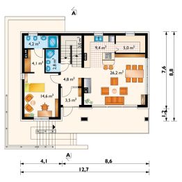 Projekt domu Widokówka Stok (1237) - rzut parteru, dom liczy 6 pokoje, 3 łazienki i wc
