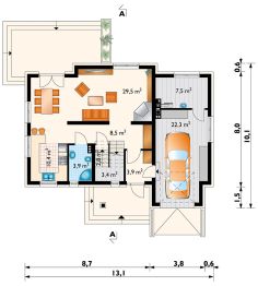 Projekt domu Wodnik As (1262) - rzut parteru, dom liczy 4 pokoje, 1 łazienki i wc
