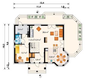 Projekt domu Maryla (1342) - rzut parteru, dom liczy 5 pokoje, 2 łazienki i wc