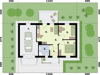 Projekt domu letniskowego Averno dom letniskowy - rzut parteru, dom liczy 2 pokoje, 1 łazienki i wc