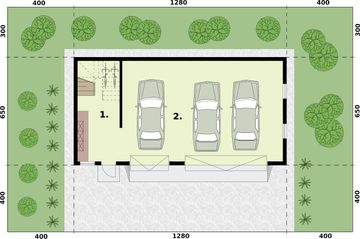 Parter projektu - G299 garaż trzystanowiskowy z pomieszczeniem gospodarczym i poddaszem użytkowym
