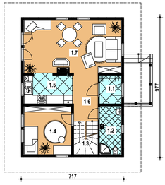 Projekt domu L-29 Dom kwiatowa - z bali - rzut parteru, dom liczy 3 pokoje, 2 łazienki i wc
