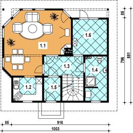 Projekt domu L-37 Dom ustrońska - szkieletowy - rzut parteru, dom liczy 3 pokoje, 2 łazienki i wc