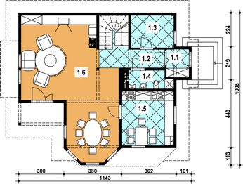 Projekt domu L-41 Dom rogowa - szkieletowy - rzut parteru, dom liczy 3 pokoje, 2 łazienki i wc
