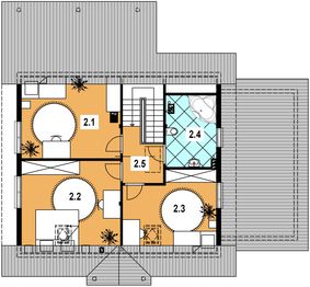Projekt domu L-91 Dom cyprysowa - z bali - rzut poddasza, dom liczy 4 pokoje, 2 łazienki i wc