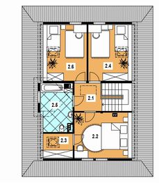 Projekt domu A-100 Dom słodka - szkieletowy - rzut poddasza, dom liczy 3 pokoje, 2 łazienki i wc