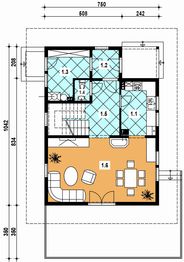 Projekt domu A-100 Dom słodka - z bali - rzut parteru, dom liczy 3 pokoje, 2 łazienki i wc