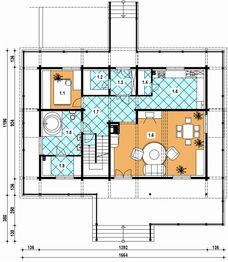 Projekt domu A-111 Dom spadowa - z bali - rzut parteru, dom liczy 4 pokoje, 2 łazienki i wc