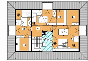 Projekt domu A-111 Dom spadowa - z bali - rzut poddasza, dom liczy 4 pokoje, 2 łazienki i wc