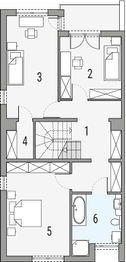 Projekt domu Imbir - segment lewy - rzut 1 piętra, dom liczy 5 pokoje, 3 łazienki i wc