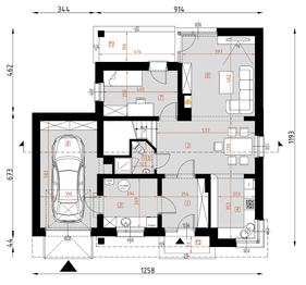 Projekt domu D118A - rzut parteru, dom liczy 5 pokoje, 2 łazienki i wc