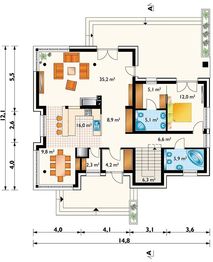 Projekt domu Helios Stok (1443) - rzut parteru, dom liczy 5 pokoje, 4 łazienki i wc