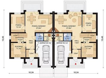 Projekt domu APS 215 dwulokalowy - rzut parteru, dom liczy 4 pokoje, 2 łazienki i wc