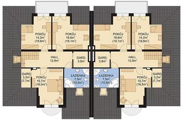 Projekt domu APS 215 dwulokalowy - rzut poddasza, dom liczy 4 pokoje, 2 łazienki i wc
