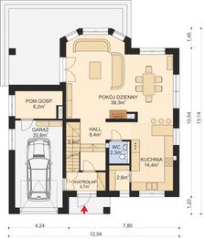 Projekt domu APS 040 + P - rzut parteru, dom liczy 3 pokoje, 3 łazienki i wc