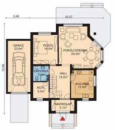 Projekt domu APS 102 + G - rzut parteru, dom liczy 4 pokoje, 2 łazienki i wc