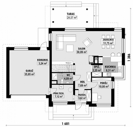 Projekt domu E-146 - rzut parteru, dom liczy 4 pokoje, 3 łazienki i wc