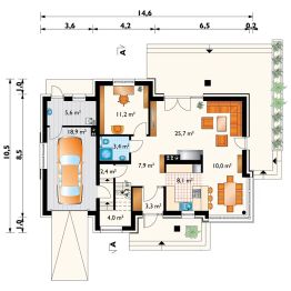 Projekt domu Bruno (1411) - rzut parteru, dom liczy 5 pokoje, 3 łazienki i wc