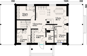 Projekt domu Chmielniki małe dw 22 - rzut parteru, dom liczy 4 pokoje, 2 łazienki i wc