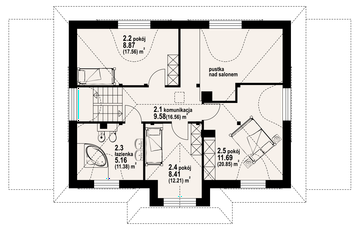 Projekt domu Chmielniki małe dw 22 - rzut poddasza, dom liczy 4 pokoje, 2 łazienki i wc