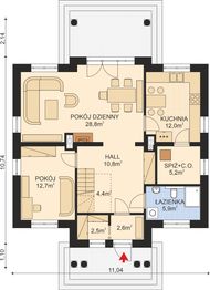 Projekt domu APS 134 - rzut parteru, dom liczy 4 pokoje, 2 łazienki i wc