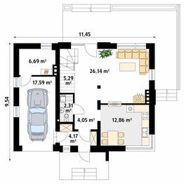 Projekt domu Kawka 2 - rzut parteru, dom liczy 3 pokoje, 2 łazienki i wc