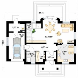Projekt domu Szafran - rzut parteru, dom liczy 3 pokoje, 2 łazienki i wc
