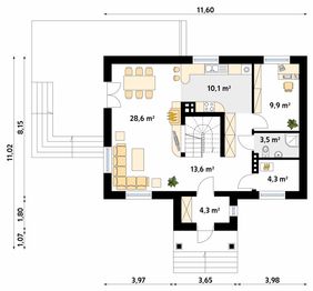 Projekt domu Sójka 2 - rzut parteru, dom liczy 4 pokoje, 2 łazienki i wc