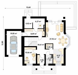 Projekt domu Wilga - rzut parteru, dom liczy 4 pokoje, 2 łazienki i wc
