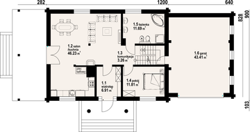 Projekt domu Chmielniki małe dw 29 - rzut parteru, dom liczy 5 pokoje, 2 łazienki i wc