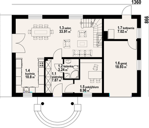 Projekt domu Cisna m11 - rzut parteru, dom liczy 5 pokoje, 3 łazienki i wc