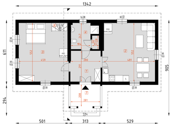 Projekt domu D215 - rzut parteru, dom liczy 1 pokoje, 1 łazienki i wc