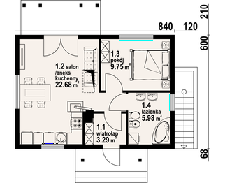 Projekt domu letniskowego Hoczew mała 9 dws - rzut parteru, dom liczy 1 pokoje, 1 łazienki i wc