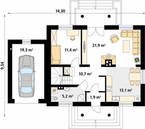 Projekt domu Azalia 2 - rzut parteru, dom liczy 4 pokoje, 2 łazienki i wc