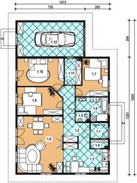 Projekt domu A-134 Dom południowa - z bali - rzut parteru, dom liczy 3 pokoje, 2 łazienki i wc
