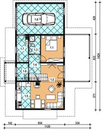 Projekt domu A-138 Dom jagodowa - szkieletowy - rzut parteru, dom liczy 3 pokoje, 2 łazienki i wc