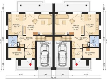 Projekt domu APS 107 dwulokalowy - rzut parteru, dom liczy 6 pokoje, 4 łazienki i wc