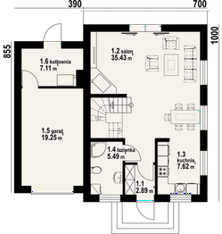 Projekt domu Gronowo y - rzut parteru, dom liczy 4 pokoje, 2 łazienki i wc