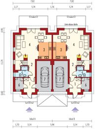 Projekt domu Sambor G2 (dwulokalowy) - rzut parteru, dom liczy 3 pokoje, 2 łazienki i wc