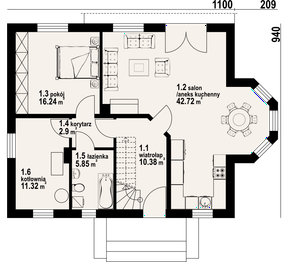 Projekt domu Sadowo - rzut parteru, dom liczy 5 pokoje, 2 łazienki i wc
