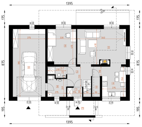 Projekt domu D221 - rzut parteru, dom liczy 4 pokoje, 2 łazienki i wc